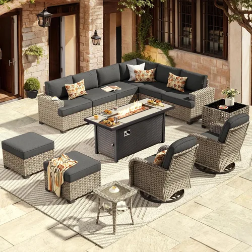 Vista 68 de HOOOWOOO Juego de Muebles Seccionales para Patio al Aire Libre, 6 Piezas Juegos de Conversación de Mimbre Sofá en Forma de L, Sofá Extra Profundo