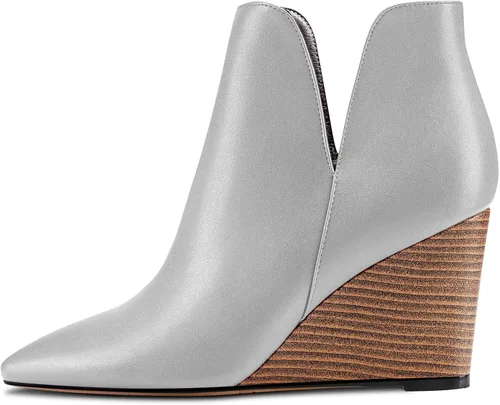 Vista 2 de Aachcol Botines de cuña para mujer, botines cortos, punta puntiaguda, tacón alto y grueso, mate, 4 pulgadas