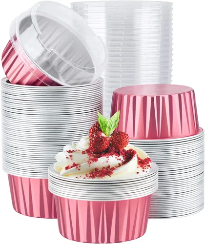 Vista 22 de EUSOAR Vasos para cupcakes con tapas, paquete de 50 forros para magdalenas de 5 onzas de colores surtidos, moldes desechables de papel de aluminio 5