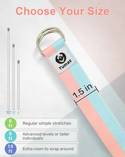 Vista 5 de Tumaz Yoga Strap for Stretching with Adjustable D-Ring, 6/8/10 ft Adjustable D-Ring Soft Cotton Blend 15+ Colors Non-Elastic Yoga Belt for