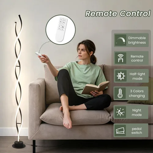 Vista 5 de ADISUN Lámpara de pie moderna de 31 W, lámpara de pie LED en espiral para sala de estar, lámpara de pie regulable de 3 colores con control remoto