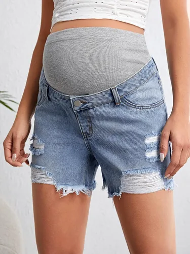 Vista 4 de Verdusa Pantalones cortos de mezclilla de maternidad para mujer, cintura alta, rasgados, dobladillo sin procesar, pantalones cortos de embarazo