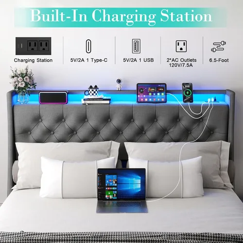 Vista 6 de Base de cama matrimonial tapizada con respaldo alero con 2 cajones de almacenamiento y luces LED