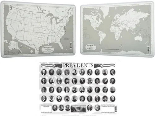 Vista 2 de Painless Learning Manteles individuales educativos laminados para niños: presidentes de EE. UU., mapa de EE. UU., mapa del mundo