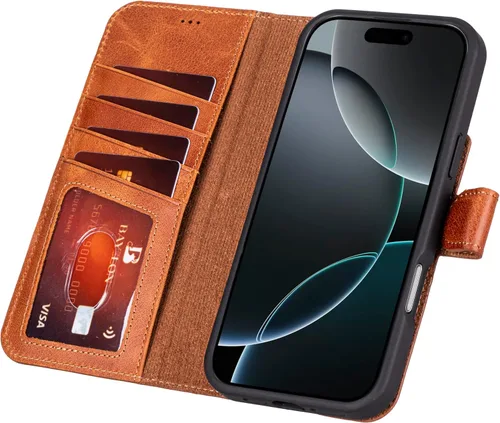 Vista 54 de Bayelon Funda tipo cartera para iPhone 15 Pro, cartera de cuero de grano completo, funda magnética desmontable, tarjetero, funda tipo cartera