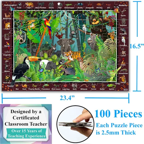 Vista 5 de Think2Master Rompecabezas de 100 piezas de animales del zoológico de la selva tropical colorida. Gran regalo de 23.4 x 16.5 pulgadas