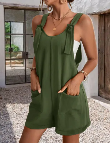 Vista 2 de YESNO Overol corto casual de verano para mujer, ajustable, con correa de nudo, con bolsillos, PYE