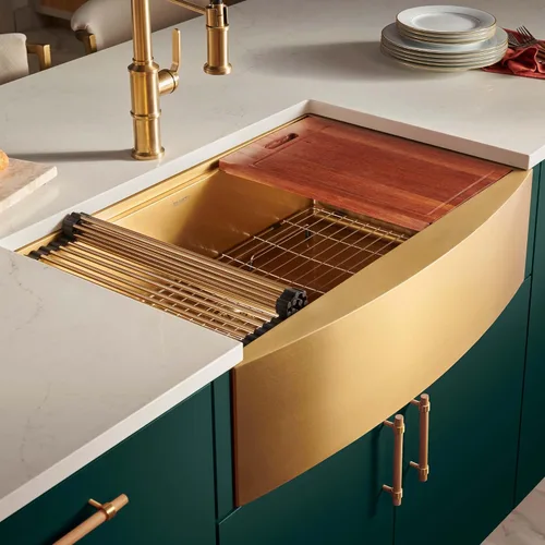 Vista 8 de Ruvati RVH9106GG RVH9106GG - Fregadero de cocina con estación de trabajo de oro mate de 30 pulgadas, fregadero de cocina de acero inoxidable en tono
