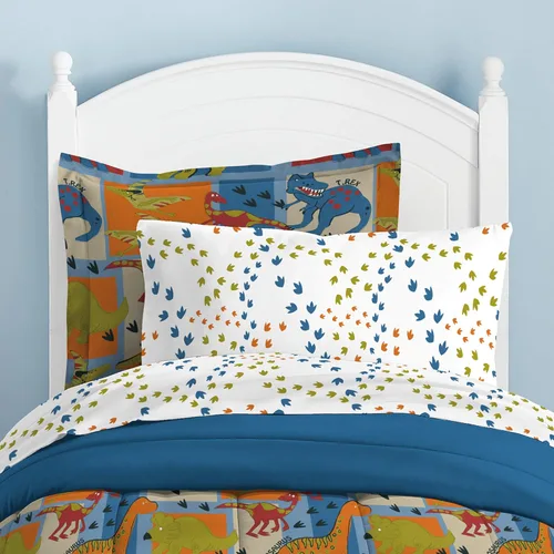 Vista 7 de Dream Factory Dinosaur Blocks - Juego de edredón de microfibra ultrasuave para niños, color azul, tamaño individual Bloques de dinosaurios azules