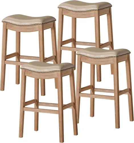 Vista 17 de Maven Lane Adrien Taburete de bar sin espalda, juego de 2, asiento de silla de montar de 31 pulgadas con reposapiés, marco de madera maciza marrón