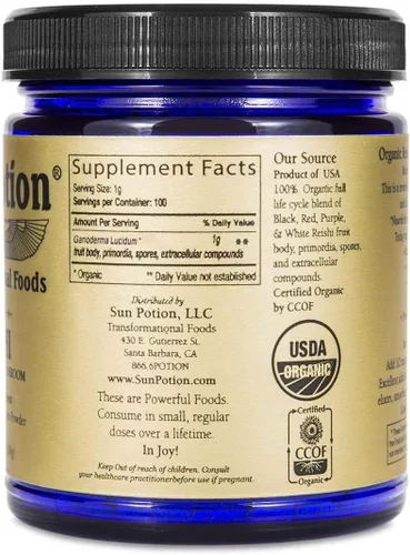 Vista 3 de Sun Potion Reishi Hongo en polvo orgánico, 3.53 onzas por pote.