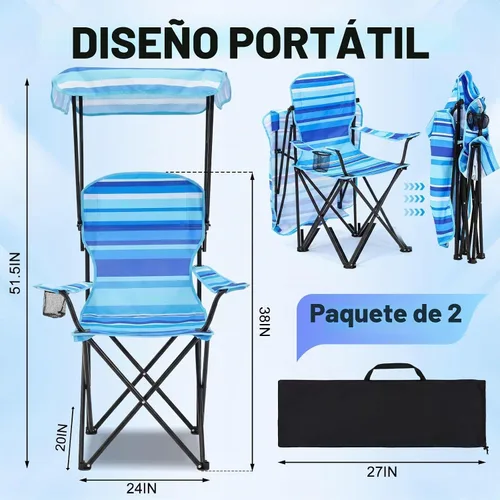 Vista 3 de Paquete de 2 sillas de playa con toldo, sillas plegables de camping con toldo, silla de césped portátil resistente a la intemperie con soporte
