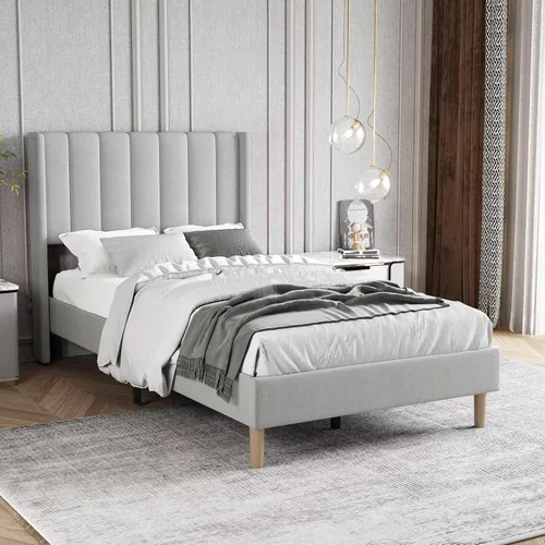 Vista 24 de Base de cama tapizada de tamaño individual con cabecero, listones de madera fuertes, no necesita somier, fácil montaje, terciopelo beige