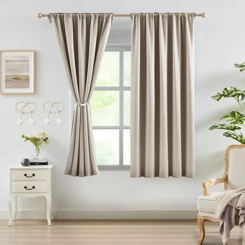 Vista 16 de Bujasso Cortinas de jacquard negras con bolsillo para barra, pestaña trasera y lazos de lujo, cortinas aisladas térmicamente para oscurecer