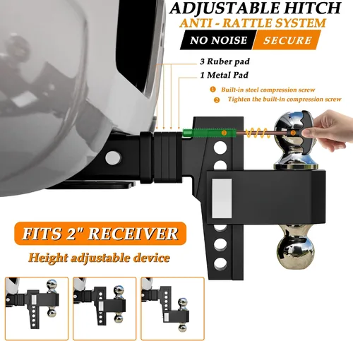 Vista 11 de VNN Enganche de caída ajustable - caída de 6 pulgadas, receptor de 2 pulgadas, 3 montajes de bola sólida intercambiables de 1-7/8", 2", 2-5/16