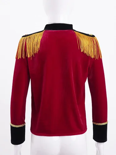 Vista 3 de Chaqueta de traje de capitán oficial de Ringmaster para niño, charreteras amarillas con flecos para Halloween, traje de baterista