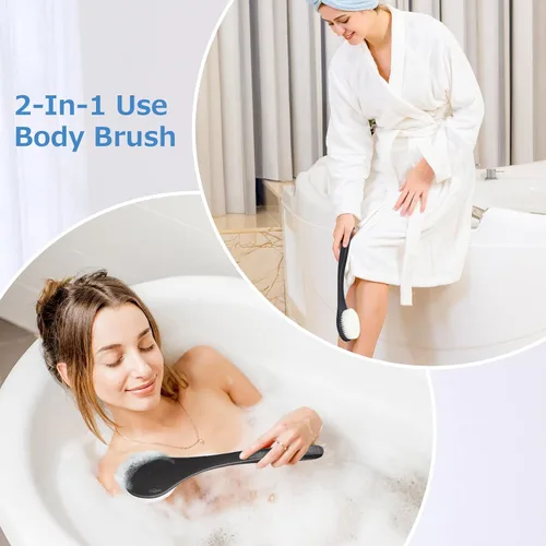 Vista 6 de Cepillo de espalda de mango largo para ducha, depurador de cerdas suaves para la ducha, ergonómico curvado de mango largo, cepillo de baño