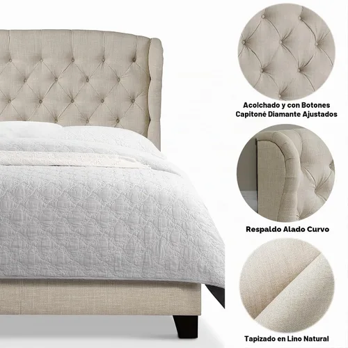 Vista 4 de Rosevera Josie Wingback - Base de cama con cabecera capitoné de altura ajustable, marco de cama tapizado de tela, soporte de listones de madera Gris