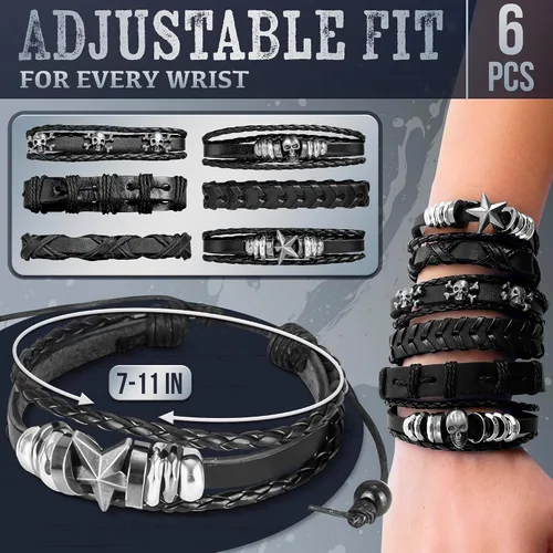 Vista 2 de 6 pulseras emo de cuero para hombres y mujeres, joyas góticas ajustables punk rock, diseños de estrellas de calavera, se adapta a muñecas de 7 a 11