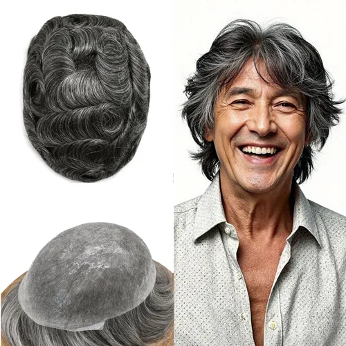 Vista 46 de Tupé de piel ultra fina para hombres pieza de cabello humano real sistema de reemplazo 0.002 in Mens Toupee Hairpiece para hombres V-Loop 8x10 80%