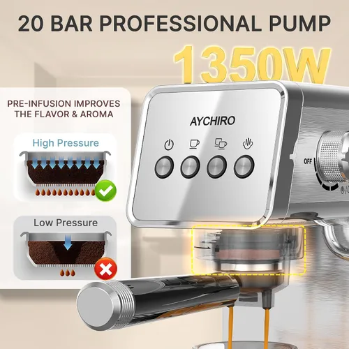 Vista 2 de AYCHIRO Máquina de café expreso de 20 barras con espumador de leche, cafetera espresso profesional para el hogar, cafetera de capuchino de acero
