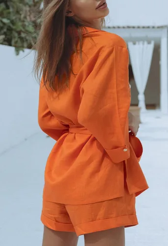 Vista 3 de Fixmatti Conjunto de 2 piezas de camisa y pantalones cortos de manga corta con cuello en V y botones, Naranja