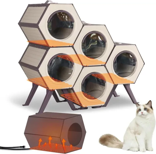 Vista 7 de GUTINNEEN Casa para gatos con calefacción expandible para múltiples gatos, aislada para invierno, cálido refugio para gatos con calentador ajustable
