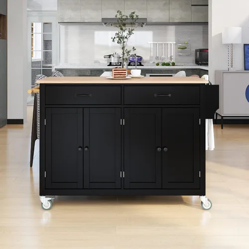 Vista 2 de Isla de cocina con ruedas con escritorio de madera maciza, mesa de isla de cocina con 2 cajones, carrito de isla de cocina con armario