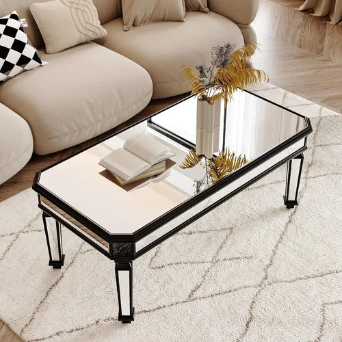 Vista 3 de Polibi Mesa de centro con espejo plateado, mesa central rectangular tallada vintage de vidrio con acabado de espejo para sala de estar y oficina