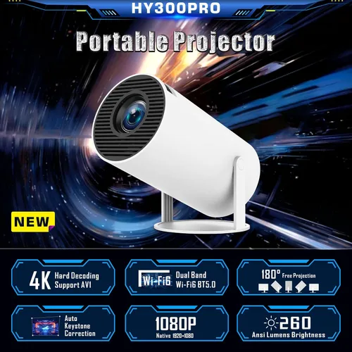 Vista 2 de HY300 PRO - Mini proyector 4K con WiFi y Bluetooth, proyector portátil 4K 1080P, proyector inteligente con Android 11.0 WiFi6 BT5.0 Corrección