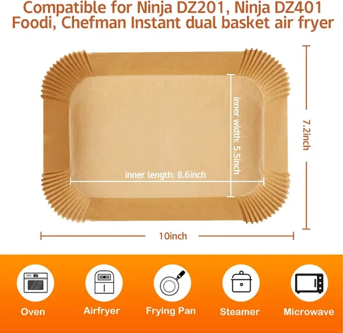 Vista 4 de Forro de papel desechable para freidora de aire, 125 forros antiadherentes rectangulares para freidora de aire de 8.6 x 5.5 pulgadas, forros