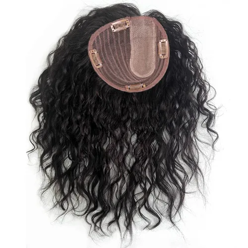 Vista 2 de Peluca de cabello humano rizado natural para mujer, con clip, 5.1 x 5.5 in, parte superior plateada, parte izquierda para cubrir pérdida de cabello