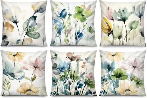 Vista 16 de COMMINY Juego de 6 fundas de almohada decorativas de 16 x 16 pulgadas / 16.0 x 16.0 in., diseño de margaritas y margaritas para sofá, moderna funda