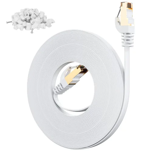 Vista 7 de Adoreen Cable Ethernet plano Cat 7 para exteriores de 10 pies, negro, cable de red de Internet blindado de alta velocidad, S/FTP, POE, cable LAN