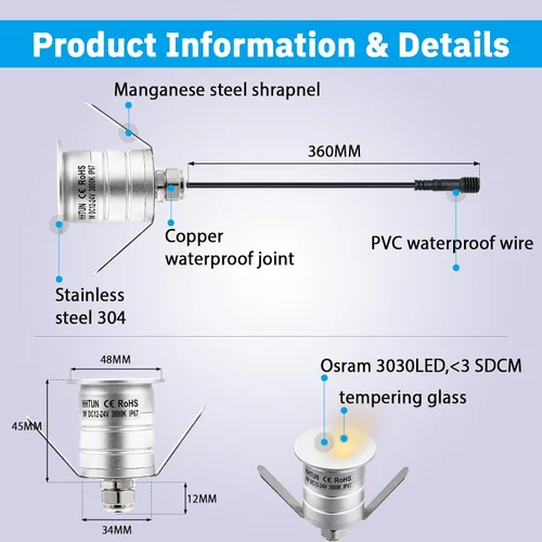 Vista 2 de Luz LED de escalón, 1W DC12-24V 3000K luces de suelo, esquina, empotrada, cubierta, luces de patio, mini luces de paso (3000 K, paquete de 4)