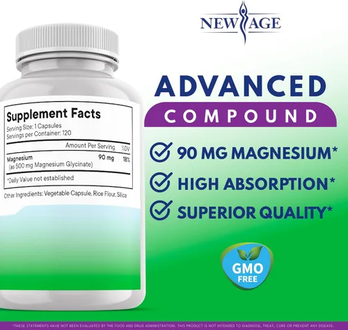 Vista 2 de Glicinato de magnesio 500 mg 90 mg Suplemento de magnesio elemental - Alta absorción, no tamponado, sin OMG y sin gluten, salud muscular y ósea