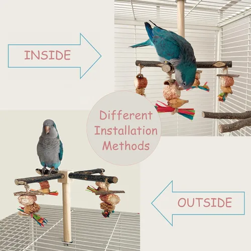 Vista 5 de Perca giratoria de 360° con juguetes naturales para masticar, accesorios de jaula de juguetes para pájaros giratorios, soporte de madera