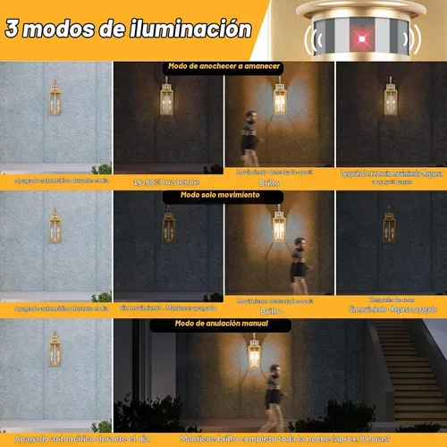 Vista 4 de Luz de exterior con sensor de movimiento dorada de 20 pulgadas, gran lámpara de iluminación al aire libre del atardecer al amanecer, lámpara