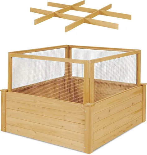 Vista 8 de Giantex Cama de jardín elevada con valla, maceta de madera elevada con valla de protección, contenedor de plantas de 9 rejillas, caja de plantas al