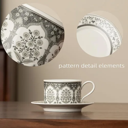 Vista 4 de Taza de café de cerámica con platillo, 8 onzas, taza de café de porcelana con margarita gris turco Iznik para oficina en casa, regalos para mujeres