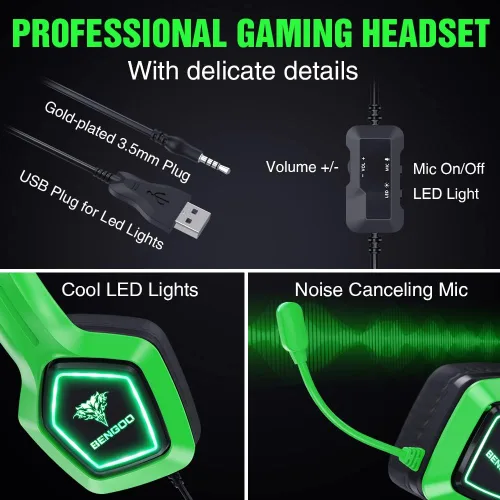 Vista 3 de BENGOO G9700 Auriculares para juegos para PS4 PS5 Xbox One PC Controller, cancelación de ruido sobre la oreja Auriculares con micrófono, luz LED