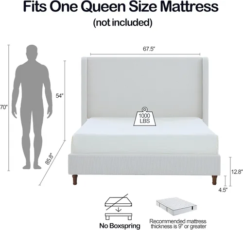 Vista 2 de Boucle - Cama de cabecera alta tamaño Queen, base de cama tapizada con cabecera de 54 pulgadas de alto, listones de madera resistentes y marco