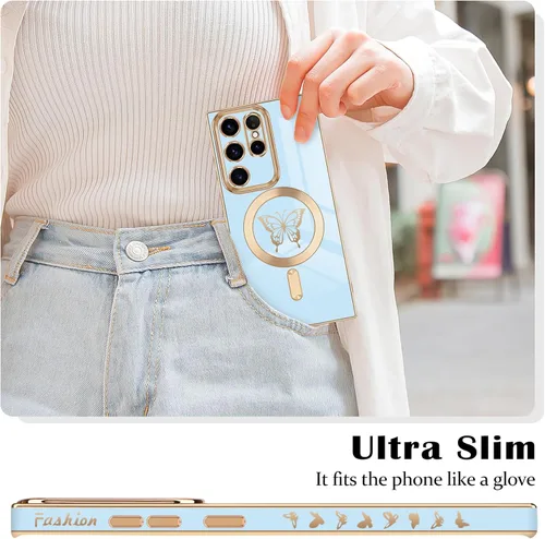 Vista 2 de Funda magnética para Samsung Galaxy S23 Ultra 5G, bonita funda de lujo con borde chapado de mariposa para mujeres, niñas y hombres, TPU suave, a