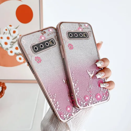 Vista 5 de Funda para Galaxy S10, TPU suave con purpurina, elegante, mariposa, floral, corazón, transparente, funda protectora con correa (oro rosa)