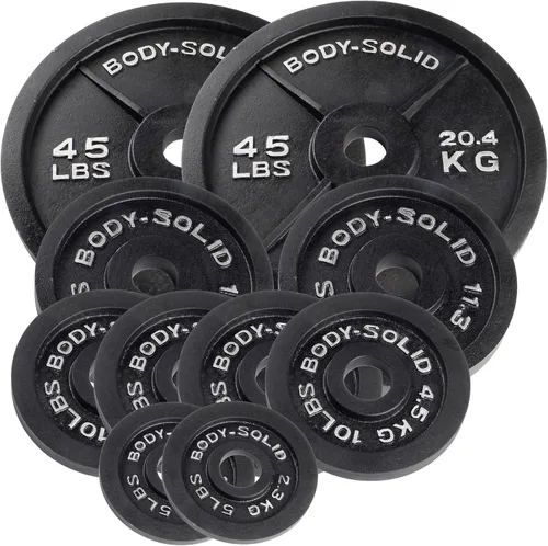 Vista 8 de Body-Solid Juego de platos olímpicos de hierro fundido, placas de mancuernas con agujero estándar de 2 pulgadas para todos los tipos de pesas