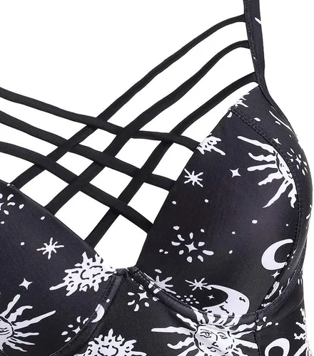Vista 3 de JMSUN Bikini de verano para mujer, traje de baño de sol, estrella, luna, celosía, cintura alta, tankini traje de baño Negro