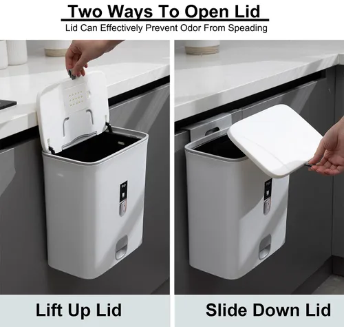 Vista 8 de Sooyee Bote de basura con tapa, cubo de basura pequeño de 2.4 galones, contenedor de plástico para abono colgante o de pie para Blanco