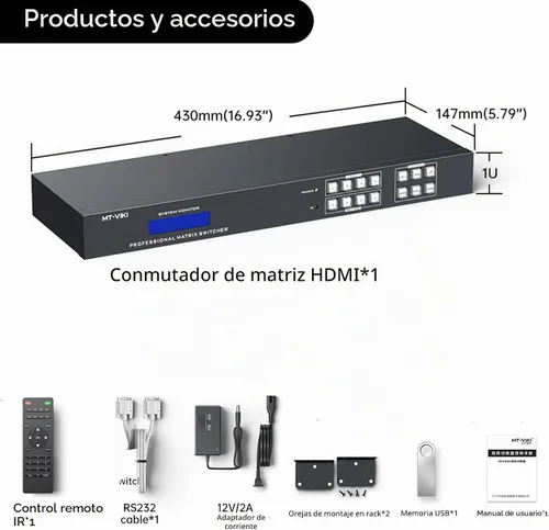 Vista 6 de MT-VIKI Interruptor de matriz HDMI 4K 4x4 con extracción de audio+Web GUI+ remoto, conmutador y divisor de montaje en rack, 4K @30Hz, EDID, RS232