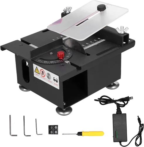 Vista 9 de Sierra de mesa Mini 100W, riel deslizante ajustable para carpintería, engranajes de 7 velocidades, corte de 0-90 grados, 0-6000r / min, aleación
