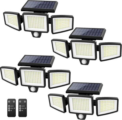 Vista 12 de Tuffenough - Luces solares para exteriores, 2500 lm, 210 luces LED de seguridad con control remoto, 3 cabezales de luces con sensor de movimiento